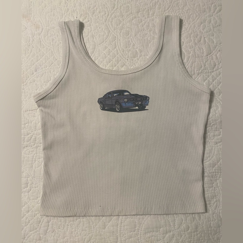 Classic White Tank Top with Blue Car Design